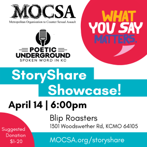 graphic with MOCSA logo, Poetic Underground logo, red circles and teal rectangles, text on graphic "What you say matters. StoryShare Showcase! April 14 (2022) 6:00pm, Blip Roasters, 1301 Woodswether Rd, KCMO 64105. Suggested donation $1-20. mocsa.org/storyshare"