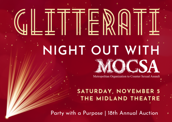 graphic with gold spotlight and text with "Glitterati Night Out with MOCSA" invitation details