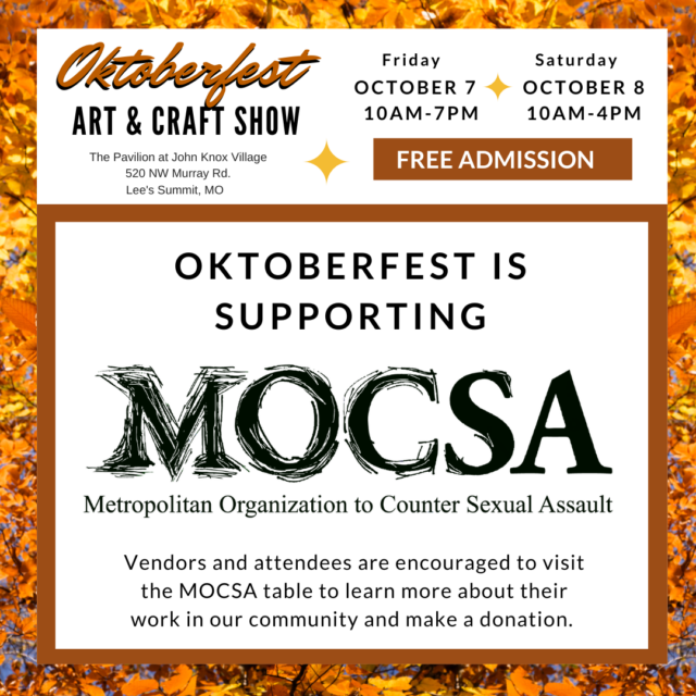 square graphic with fall leaves in the background and details for a MOCSA outreach event at Oktoberfest Art & Craft Show