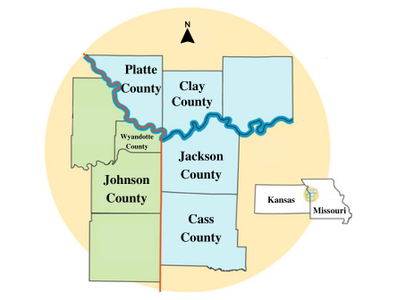 Map of MOCSA service areas in the Greater Kansas City Metropolitan Area which includes the following counties: Jackson, Platte, Clay, and Cass Counties in Missouri, and Johnson and Wyandotte Counties in Kansas.