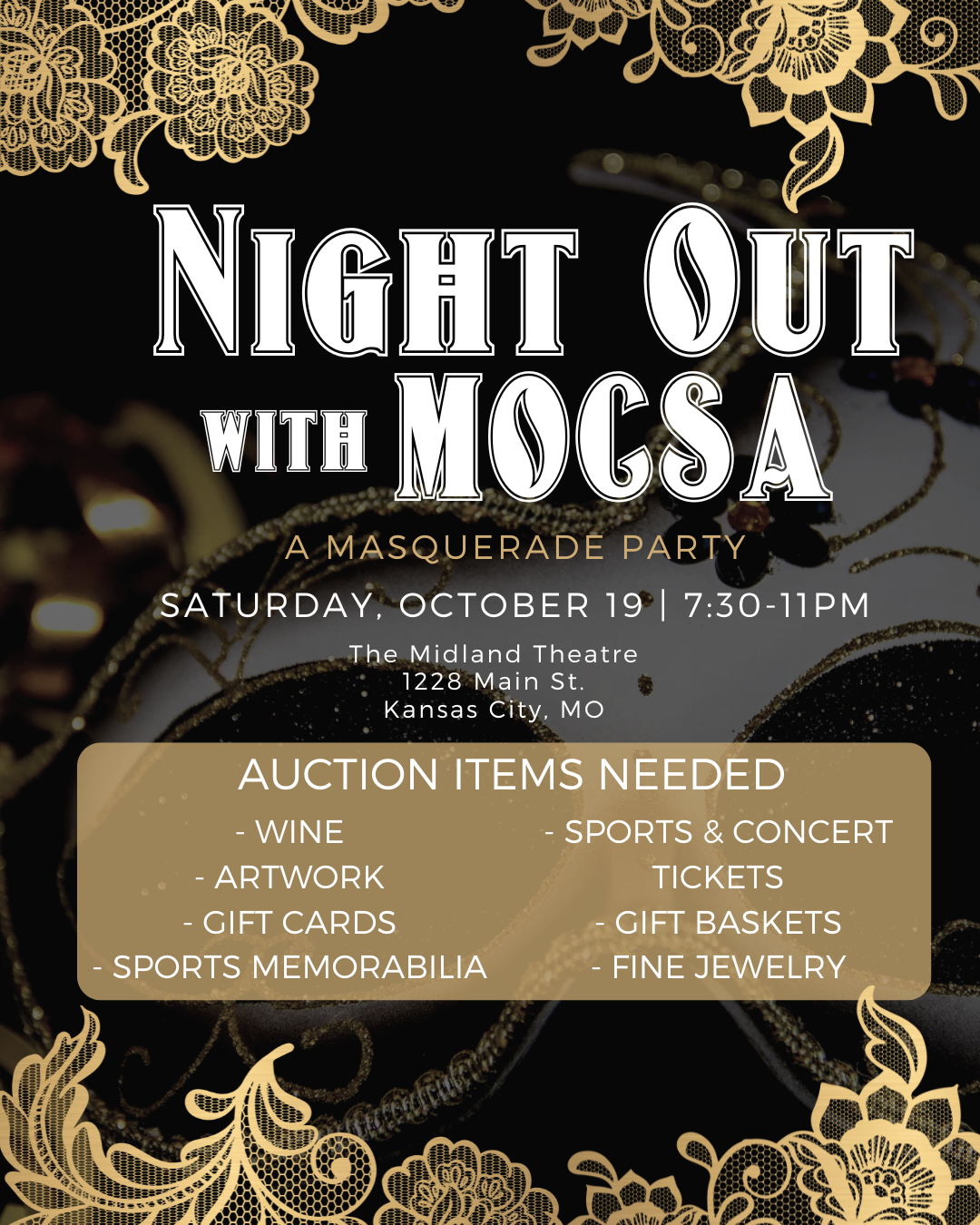 White text on tan background reads auction items needed - wine - artwork - gift cards - sports memorabilia - sports & Concert Tickets - gift baskets - fine jewelry