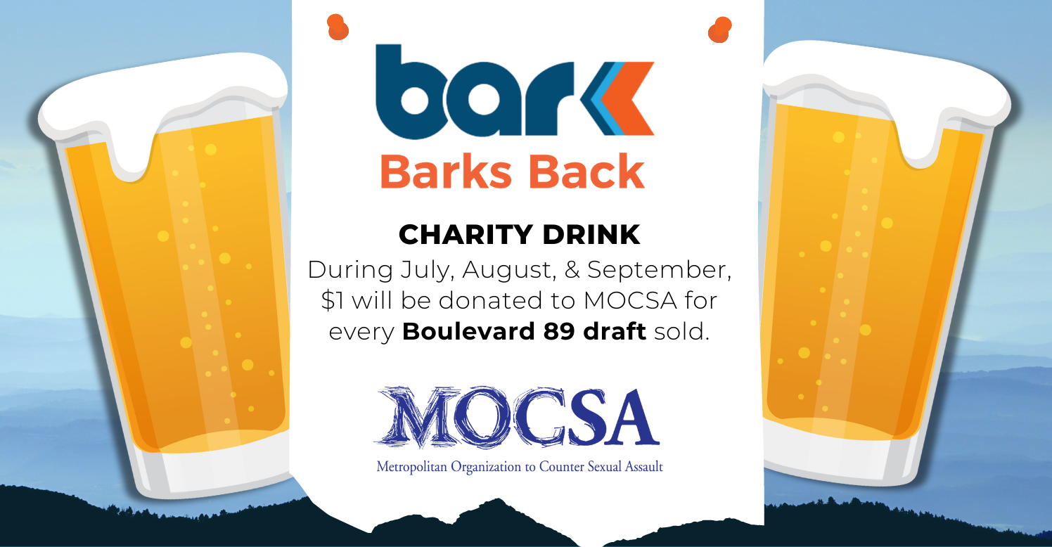 Two graphics of draft beer. Black text on white background reads During July, August, & September, $1 will be donated to MOCSA for every Boulevard 89 draft sold.