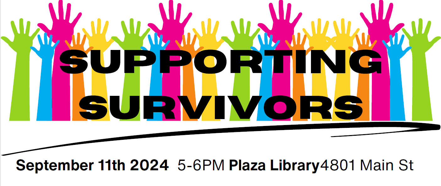 Multicolor hands behind black text that reads Supporting Survivors