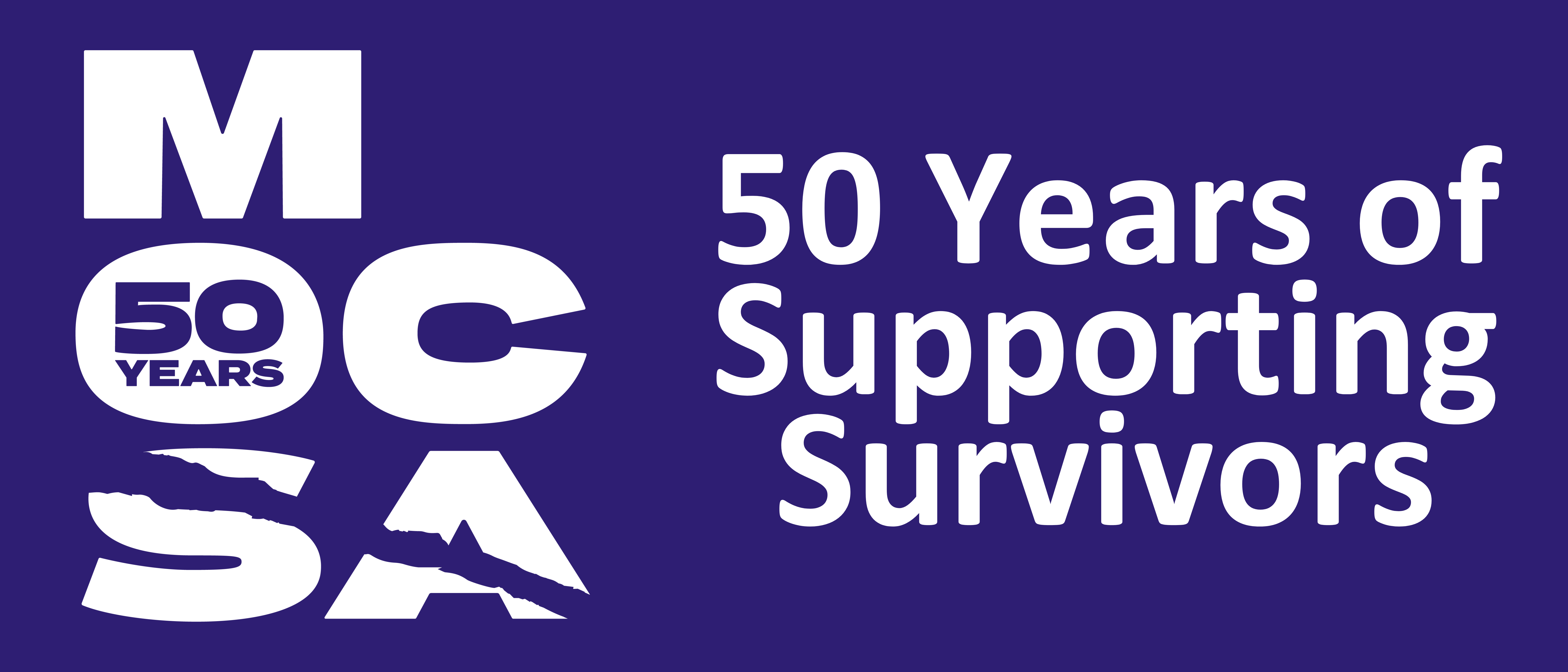 White text on blue background reads 50 years of supporting survivors