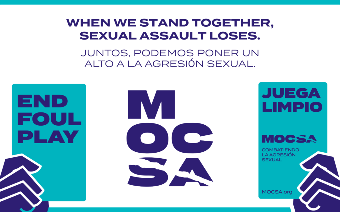 Purple text on white background reads When we stand together, sexual assault loses. juntos, podemos PONER UN ALTO A la agresión sexual.