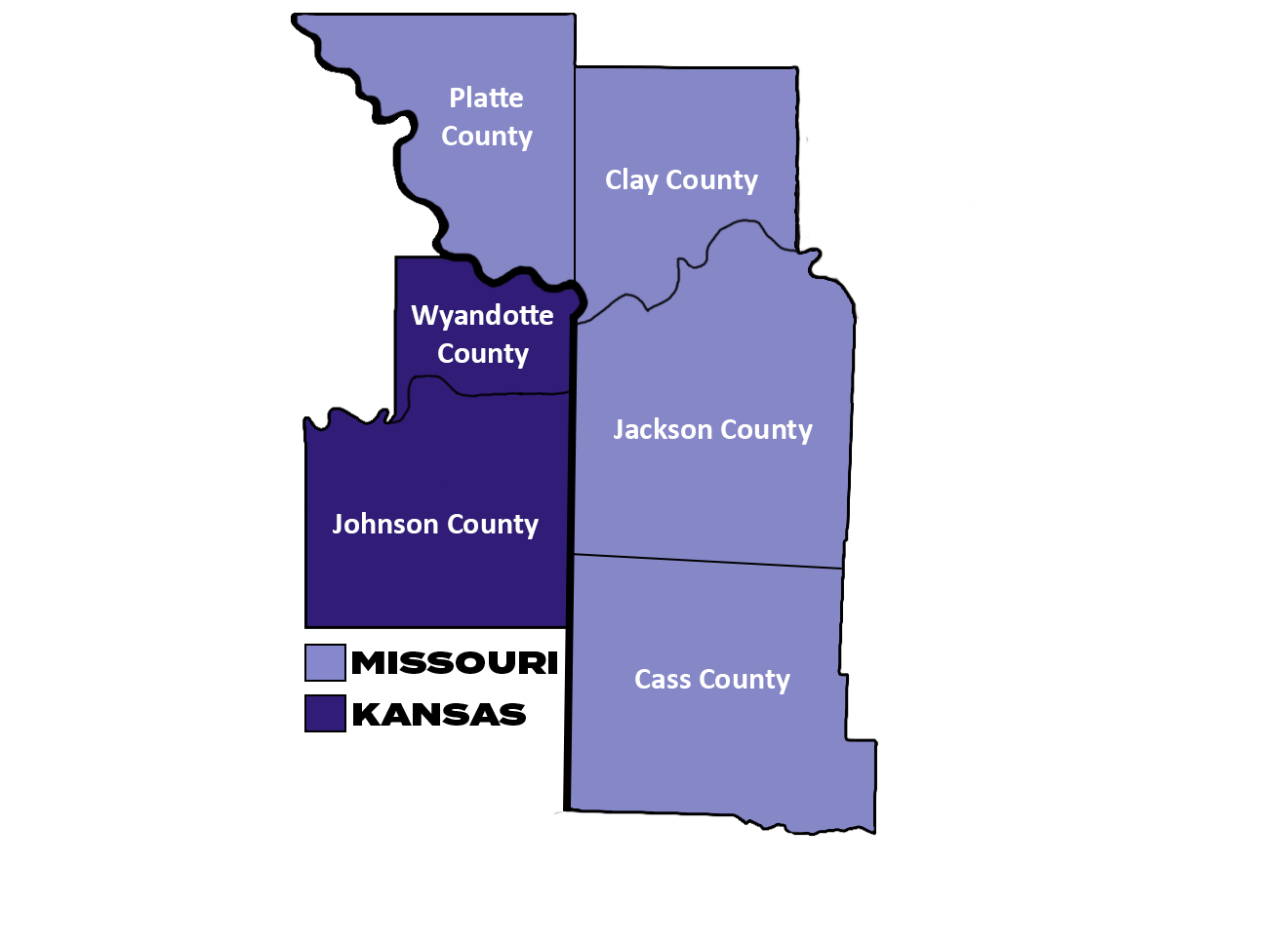 Service Map MOCSA Service Map shows service available in the following counties: Jackson, Platte, Clay, and Cass Counties in Missouri, and Johnson and Wyandotte Counties in Kansas.