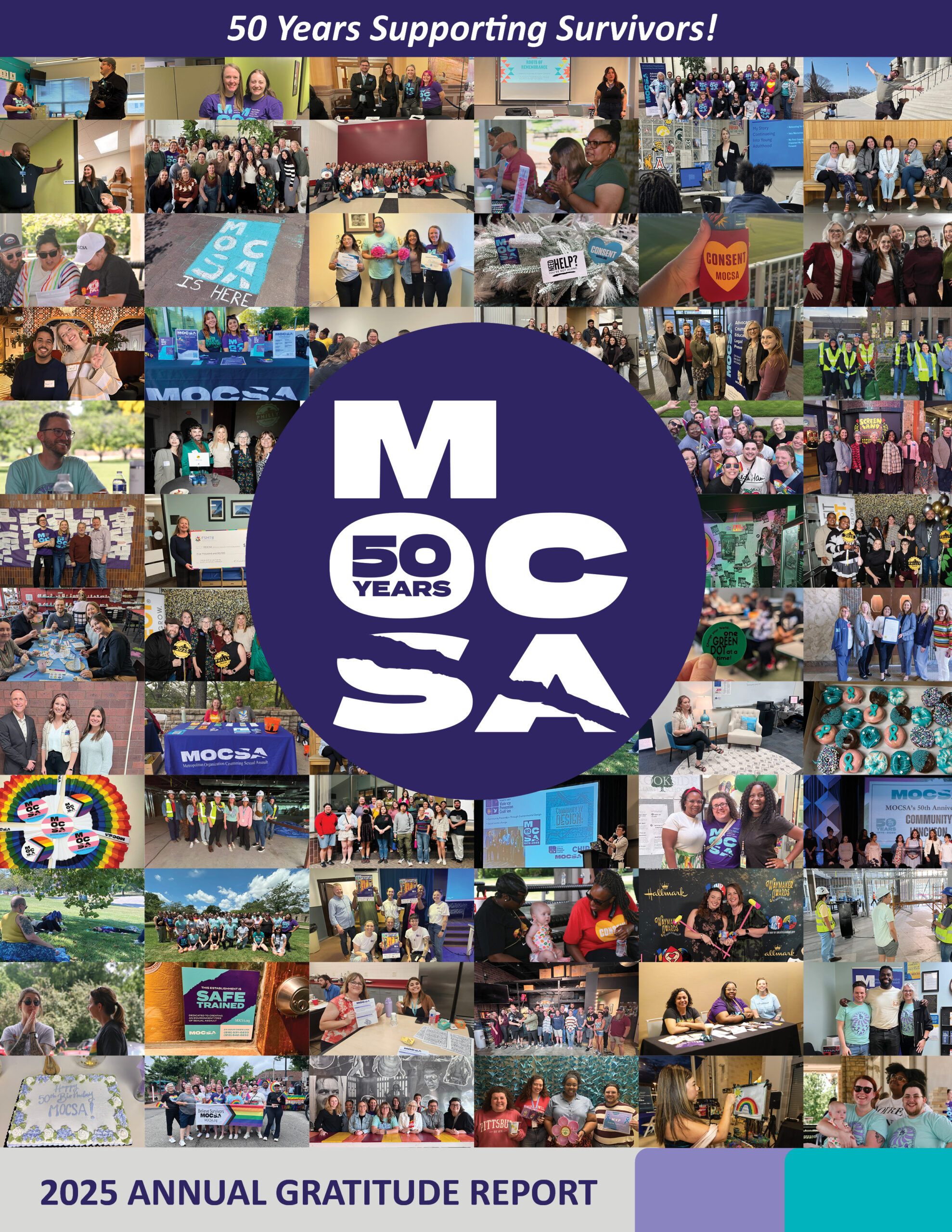 2025 Annual Report Pg 1 A grid of 20 photos of MOCSA staff from 2025